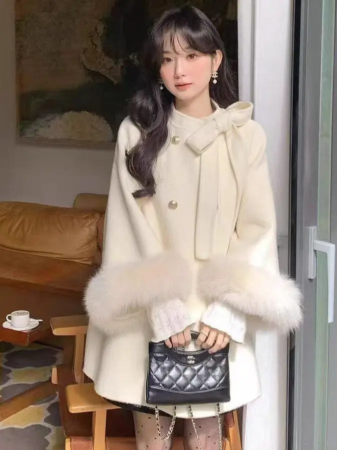 

Winter New Double-Sided Woolen Coat with Bow Design Luxury Fashion Elegant Lady's Cardigan Outerwear for Young Women