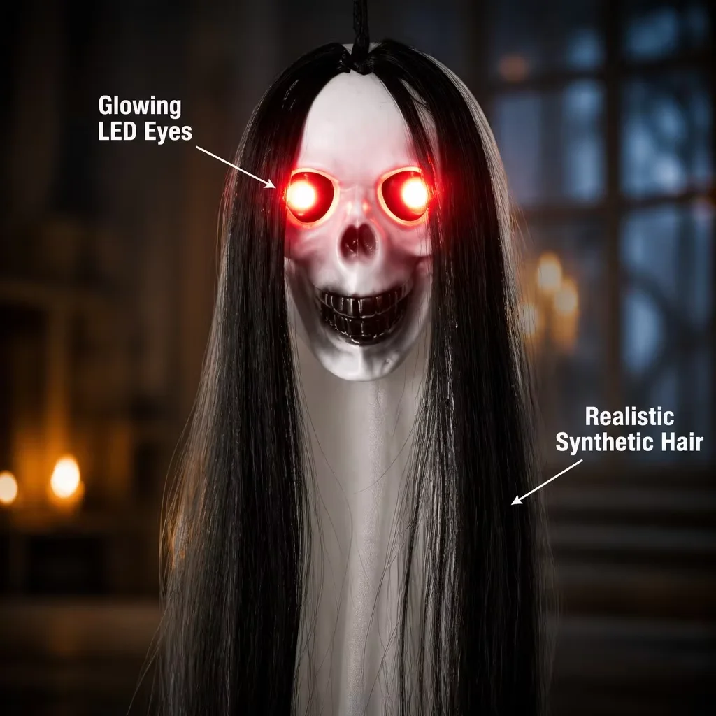 Chapeau de Sorcière Fantôme d'Halloween, Décorations Suspendues de Fantôme aux Cheveux Longs, Fournitures de Fête, Tête de Squelette Lumineuse, Petit Fantôme Suspendu