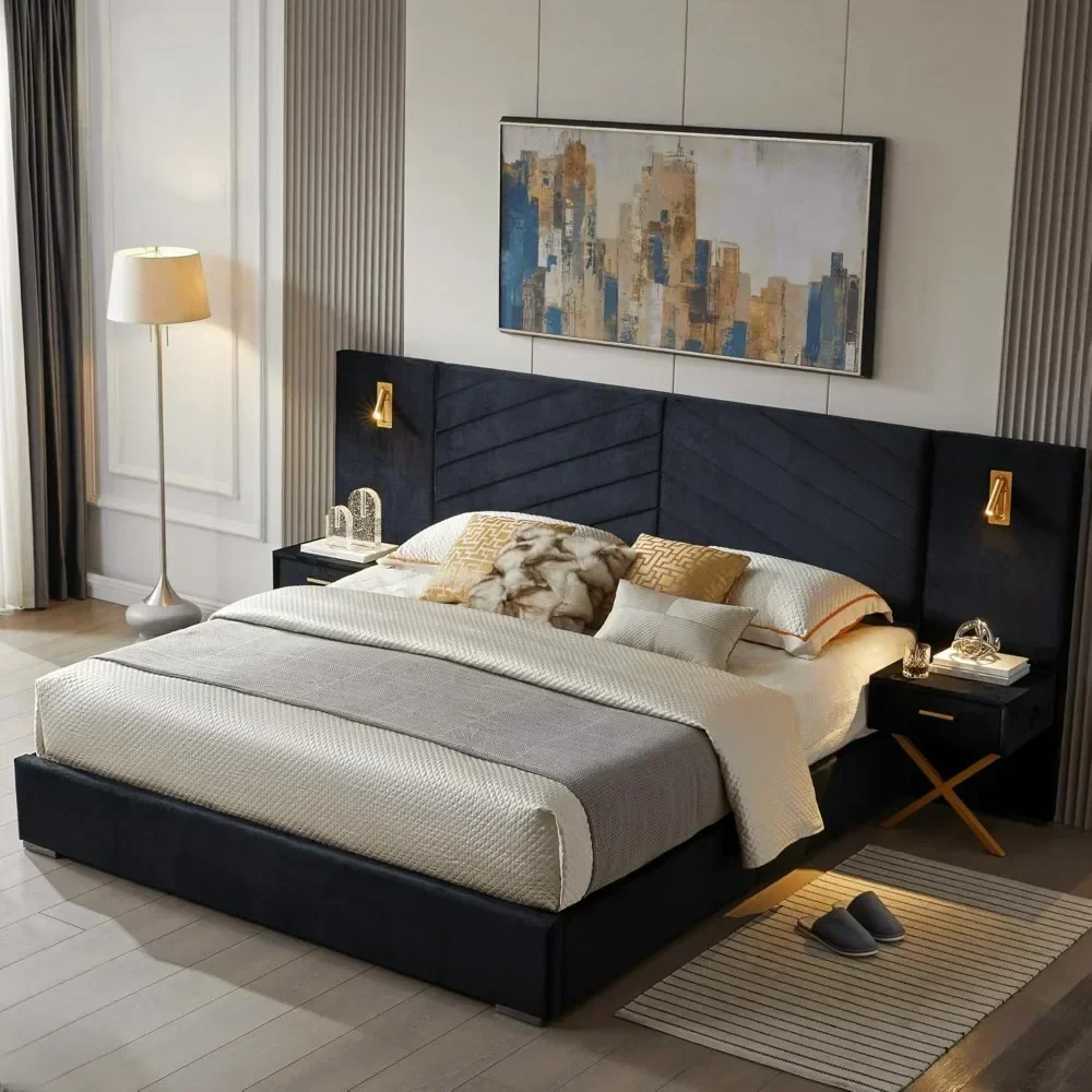 King Bed Frame with Built-in Gold LED Lights and Nightstands, Platform Bed with Upholstered Headboard, No Box Spring Needed