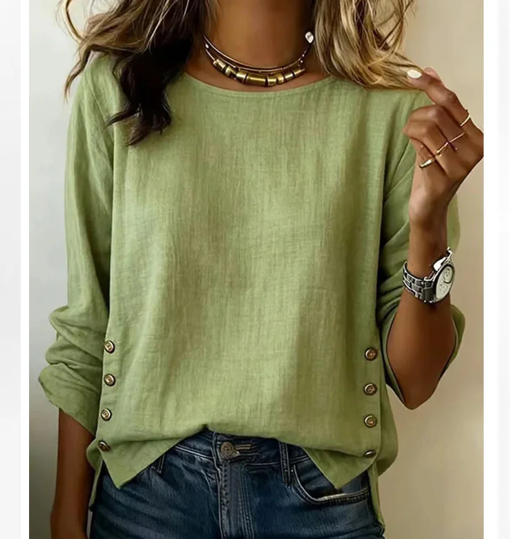 Autumn Winter Loose Cotton Linen Round Neck Blouse Shirt Long Sleeve Solid Color Casual Women's Clothes Top