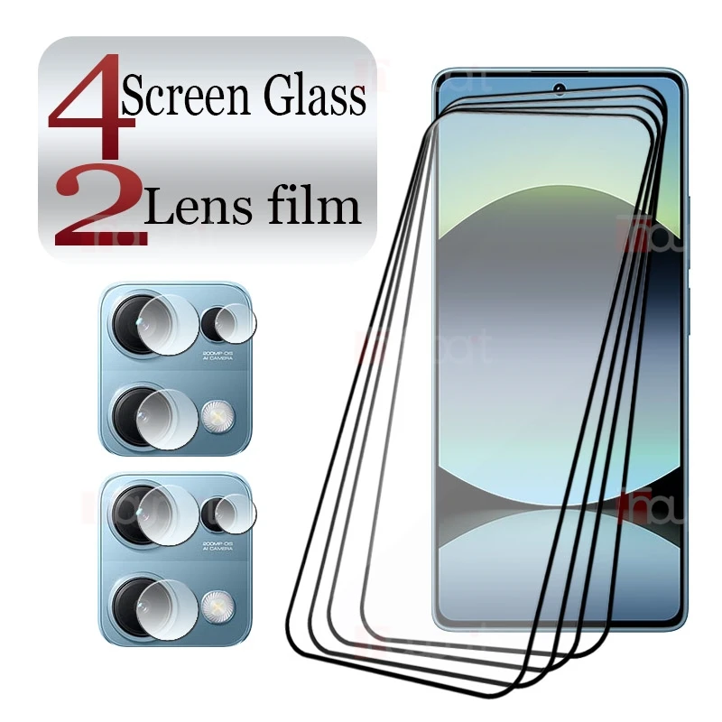 4 + 2 упаковки, закаленное стекло с полным клеем для Redmi Note 14S, защитная пленка для экрана 9H, прозрачная защита от царапин + пленка из мягкого волокна для камеры