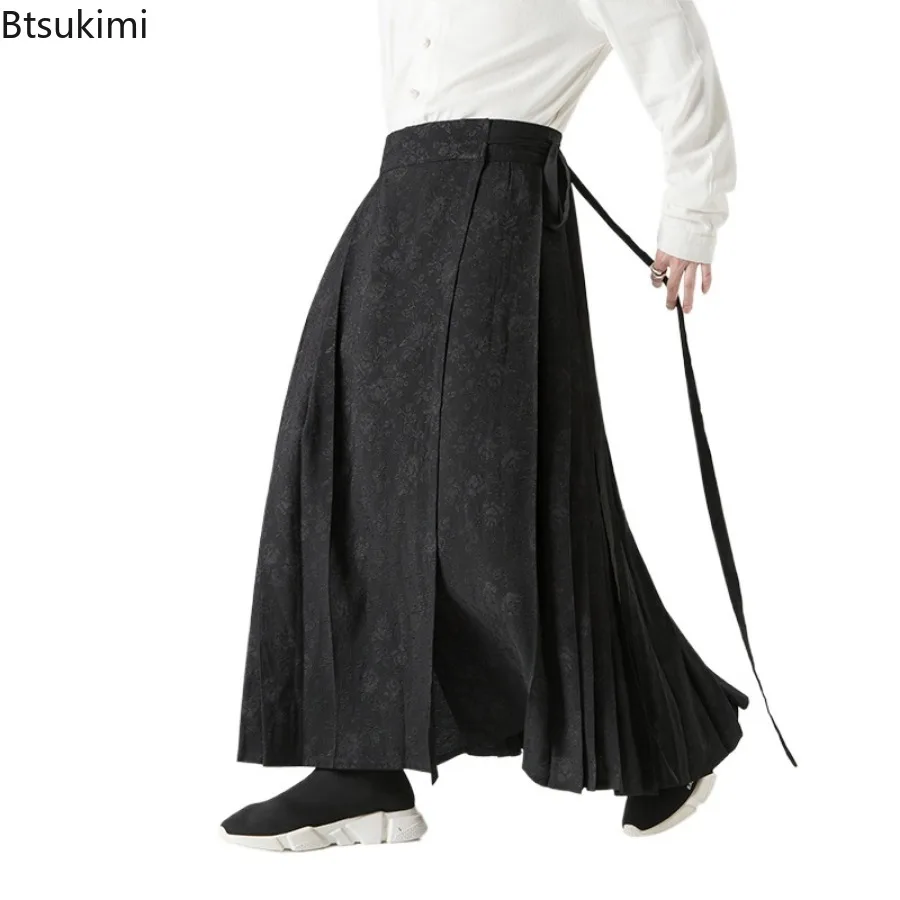 2024 Trend Streetwear Chinese Style Men's Print Skirt Pants Vintage Pleated Loose Trousers Casual Oversized Wide-leg Pants Male