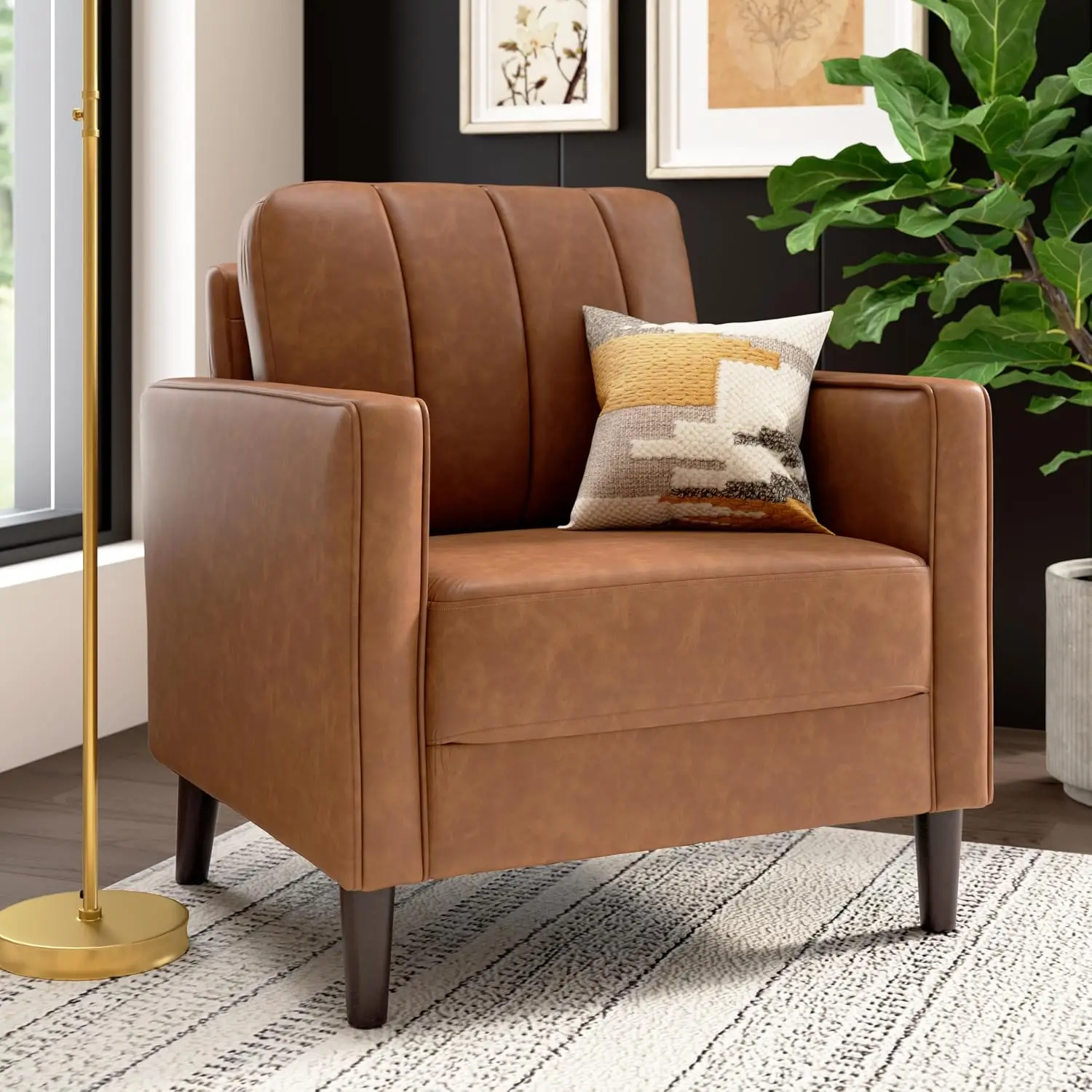 Accent Chair 32-inch Living Room Furniture Vegan Leather Camel, Customized