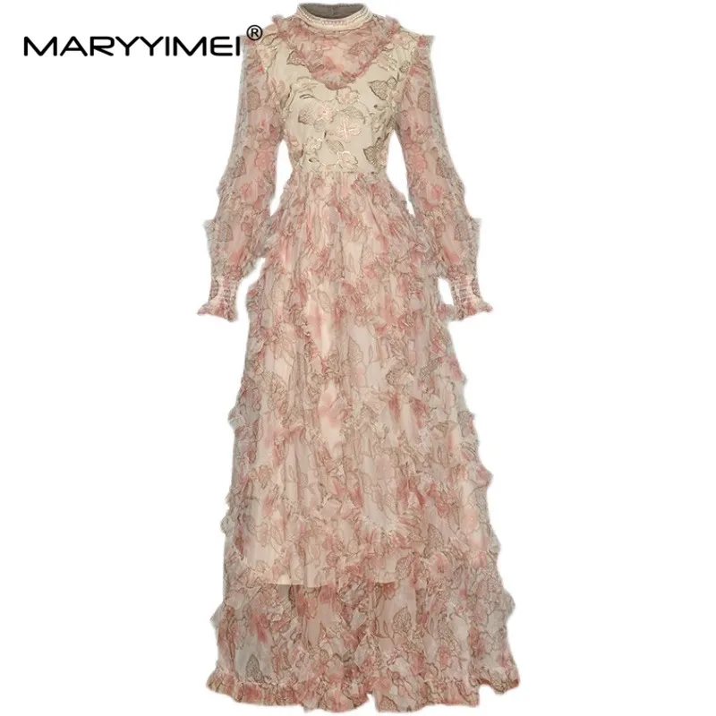 

MARYYIMEI Fashion Designer Autumn Mesh Dress Women Long sleeve Ruffle Flower Embroidery Printing Long Holiday Party Dress