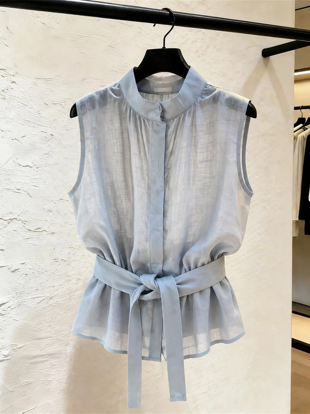 

Fashionable Summer Vest Belted Waist Cinching Sleeveless Shirt Lightweight Maturity Style Unique Exquisite Korean Straight Cut