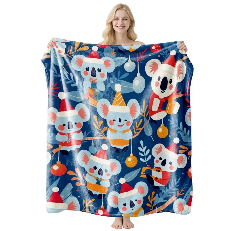 

Festive Christmas Flannel Throw Blanket Adorable Koala Dinosaur Cat Prints Warm Blanket for Home Sofa Holiday Gifts Blankets