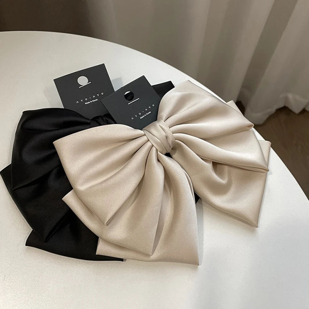 Elegant Satin Silk Large Bow Hair Clips Barrettes Women Girls Solid Black Ribbon Big Bowknot Hairpins Hair Accessories Fashion