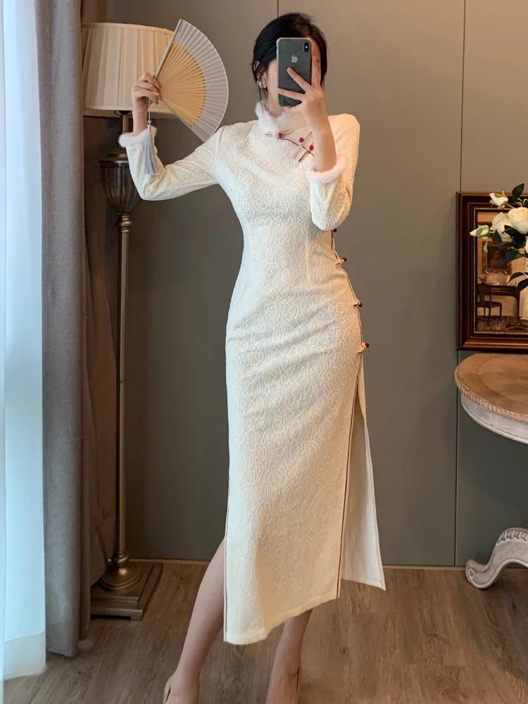 

Ele Lace Thiened Autumn Winter New Chinese Sle Reformed Young High Quali Dr Vintage Long Sve Gown