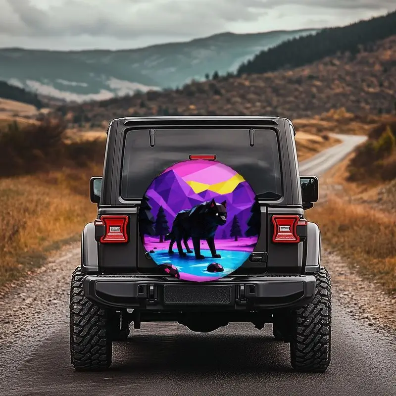 A Three-Dimensional Low-Poly Black Wolf Design On A Blue Water Landscape Pattern, Suitable For Universal Spare Tire Covers Made