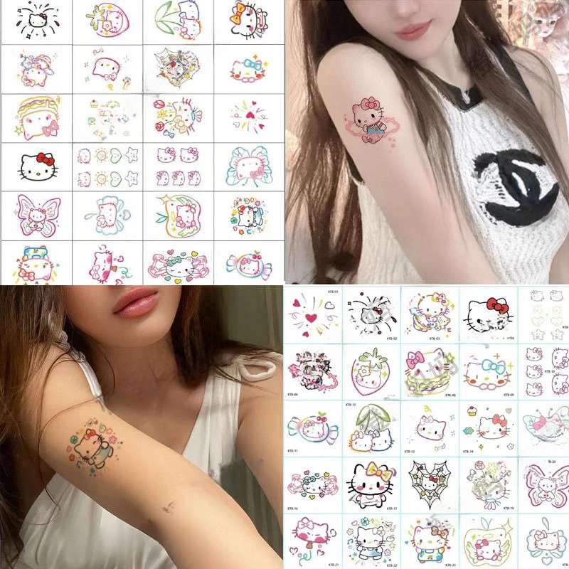 Pegatinas Sanrio de dibujos animados para chica, calcomanías con diseño de Hello Kitty, tatuajes bonitos, Color de dedo, impermeables, duraderas, flores, brazo, venta al por mayor, 25 piezas