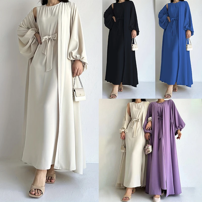 

kebaya Ramadan Elegant Solid Two-piece Set Dress, Open Front Coverup & Tie Waist Abayas Outfits, Islam Women's Clothing