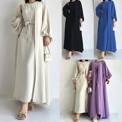 Kebaya Ramadan Elegante Effen Tweedelige Set Jurk, Open Voorkant En Stropdas Taille Abaya Outfits, Islam Dameskleding