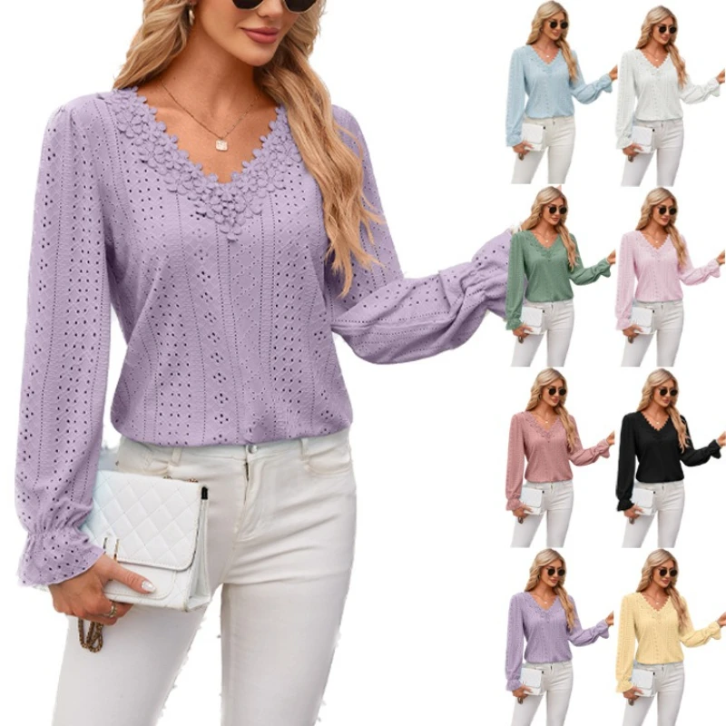 

Women's Petal Long Sleeve Tops Solid Color Lace Flowers V Neck Solid Color Casual Pullover Blouses Female Loose Summer Shirts