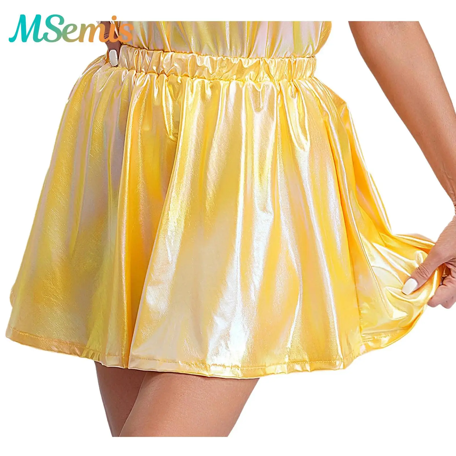 

Женские блестящие танцевальные мини-юбки, блестящие металлические блестящие Rave Party Bar, клубная одежда, эластичный пояс, юбка с рюшами для танцев на пилоне