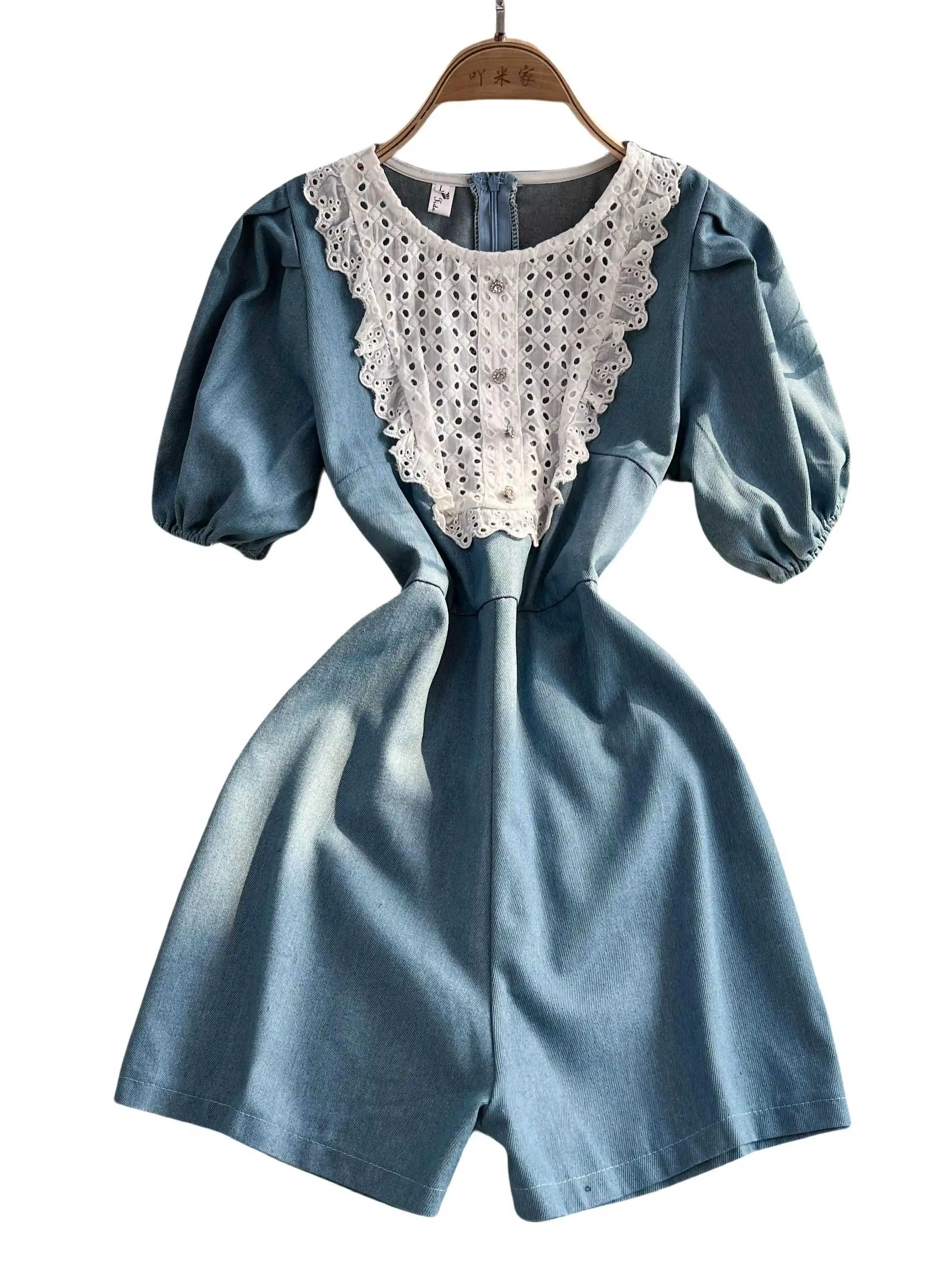 Women Blue Shorts Jumpsuits 90s Vintage Lace Patchwork Playsuits Harajuku Short Sleeve Rompers Jeans Pants Ladies Clothes Summer