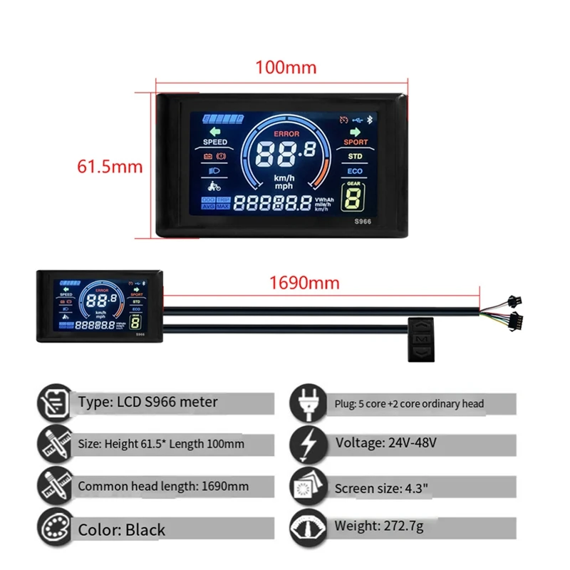 S966 Electric Bike LCD Display Meter+48V-72V/60A 18 Tube Sine Wave Controller E Scooter LCD Panel For Mountain Ebike ABS 1 Set