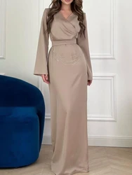 Eid Muslim Party Dress for Women Jalabiya Satin Chains Ramadan Long Dresses Abayas Woman V Neck Robe Caftan Vestidos Largo 2024