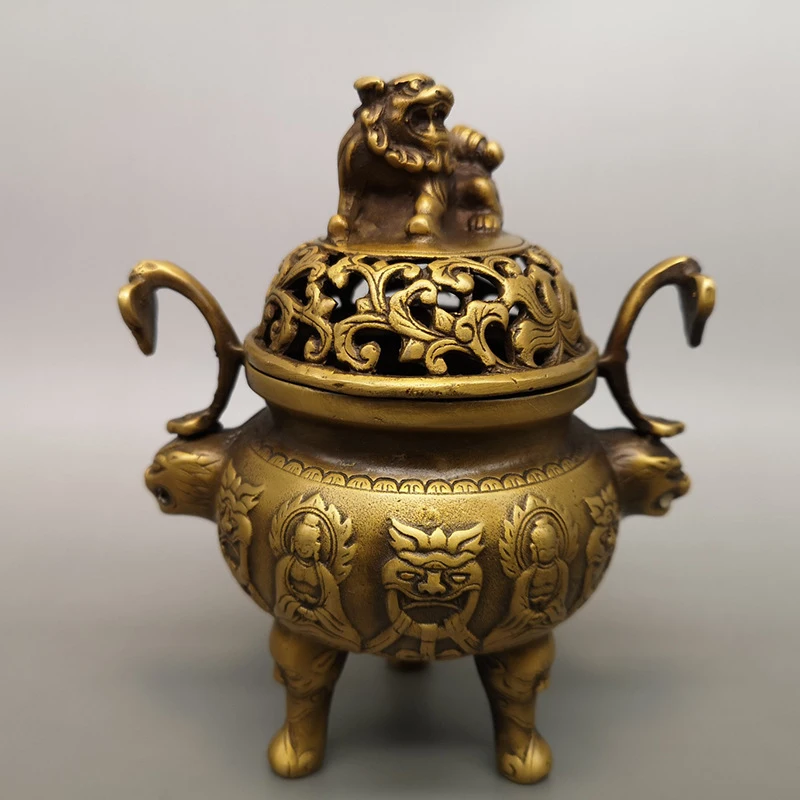 Brass lion ornament, double-ear copper , home living room decoration, incense burner, copperware
