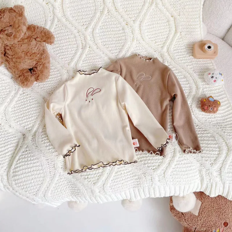Children Cartoon Rabbit T-Shirt Solid Color Versatile Long Sleeve Tops For Boys And Girls Autumn New Baby Bottoming Shirt
