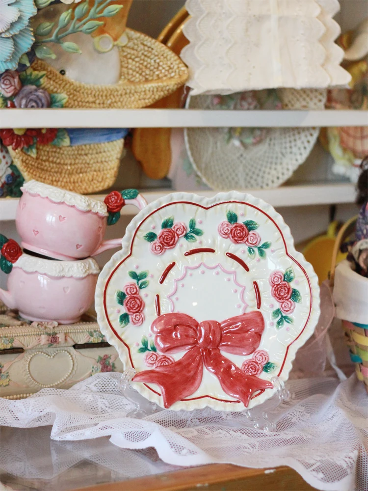 Ceramic Plate Retro Cute Rose Bow Underglaze Color Suitable for Serving Dessert Vegetables  Household Tableware Pastoral Style