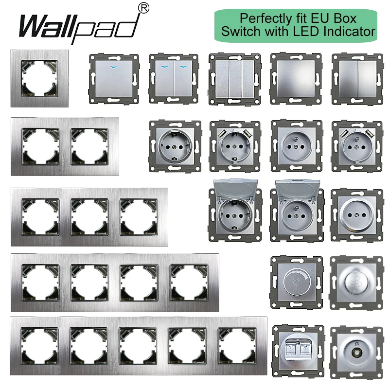 Grey Silver Metal EU Socket Wallpad 110V-240V Brushed Aluminium Frame European 16A Power Wall Sockets