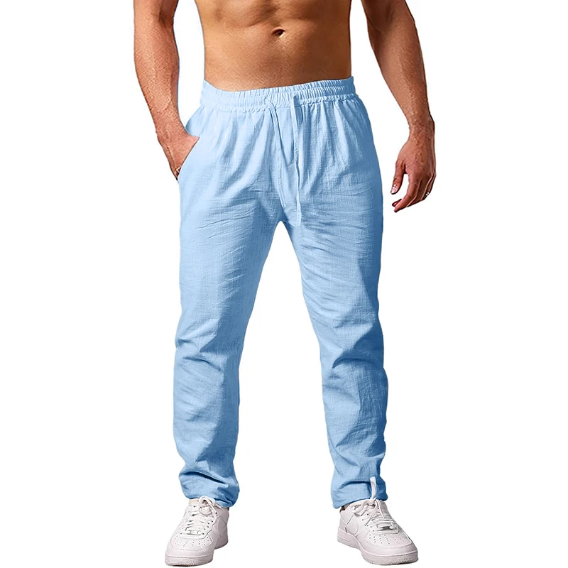 New Men\'s Lightweight Long Pants Summer Loose Fit Trousers for Holidays Breathable Linen Streetwear Men Fitness Sweatpants