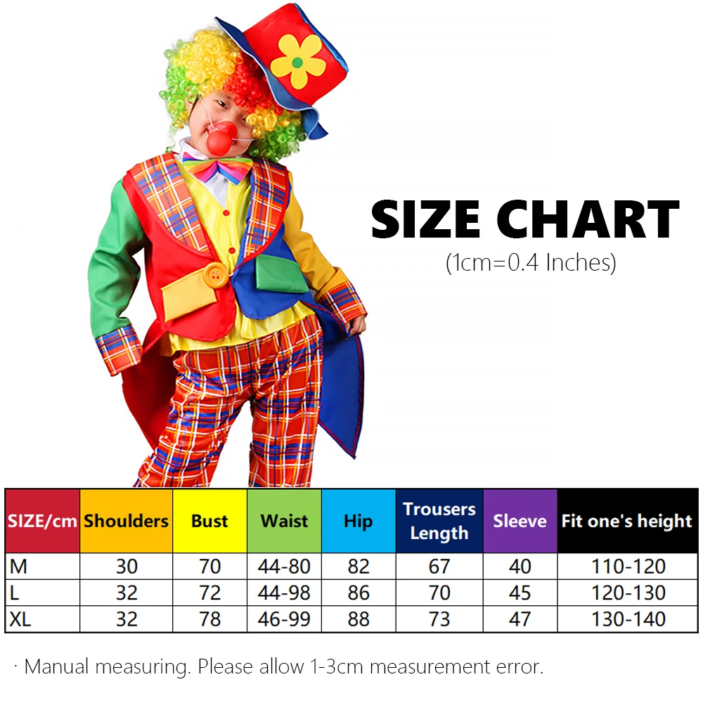Kids Circus Clown Costume Jumpsuits Long Sleeve Jacket With Yellow Buttons on front Attached Wig Shoes Red Nose image 3