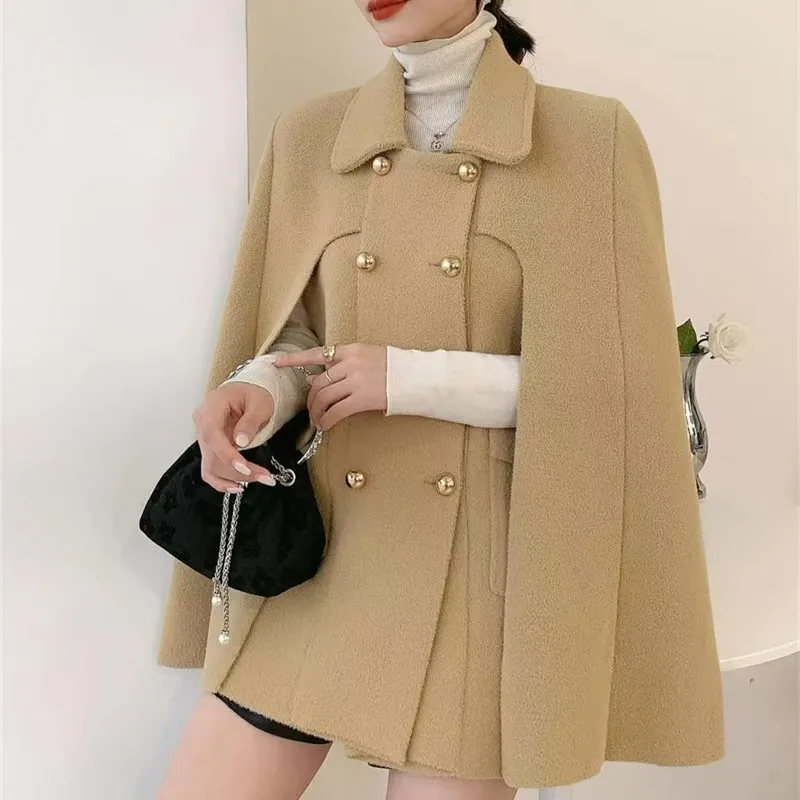 Elegant Knitted Coat European Style Lapel Double Breasted Loose Casual Thick Warm Cape Jacket Women 2024 Autumn Winter