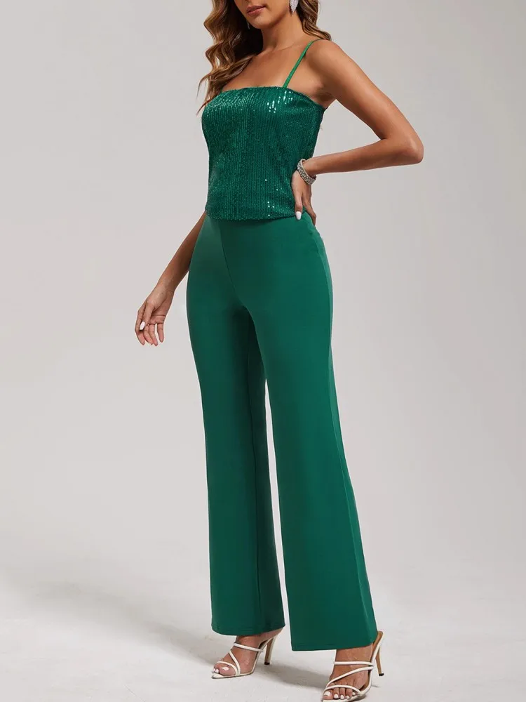 Sequins Suspenders Jumpsuit Women Casual Solid Sleeveless One Pieces Straight Pants Summer Elegant Overalls Female Jumpsuits