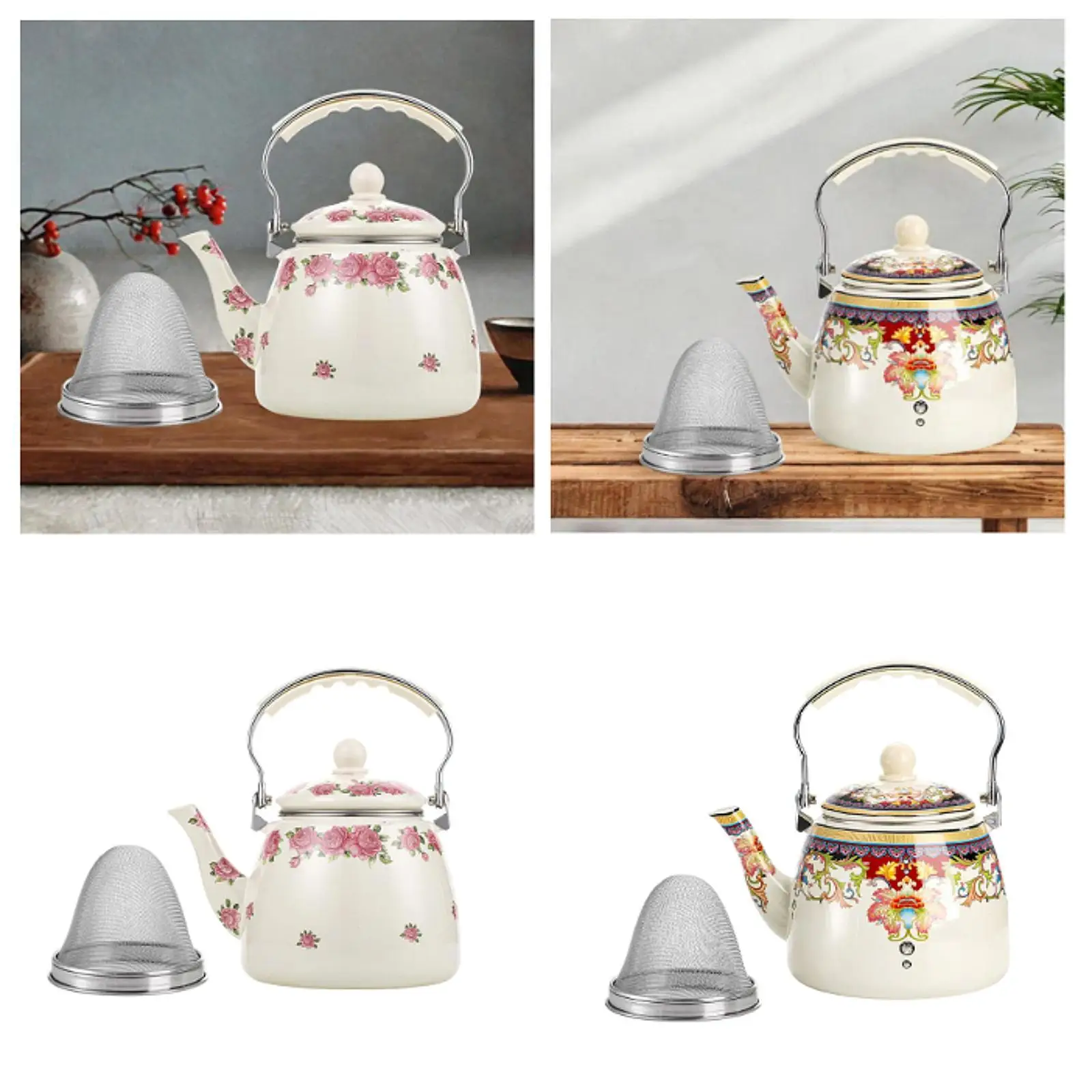 Enamel Tea Kettle Porcelain Tea Pot 3.3L Comfortable Grip Retro Water Kettle