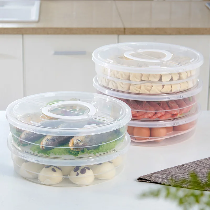 Handheld Round Dumpling Pizza Box Transparent Fresh Food Preservation Tray Dumplings Organizer Refrigerator Food Freezing Box