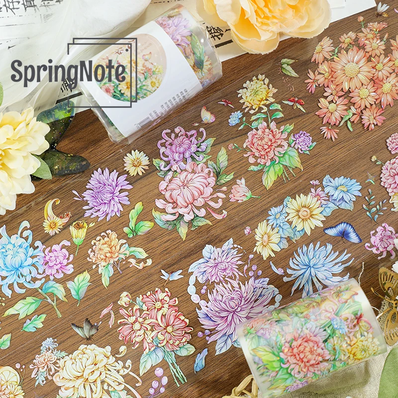 

2 м/рулон красочные хризантемы ПЭТ васи лента красивые цветы прозрачная декоративная малярная лента для журнала скрапбукинга