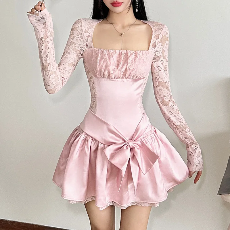 JHJN temperamento mujeres Mini falda de encaje de manga larga Vestido cuadrado cuello grande Vestido con lazo pliegues Vestido elegante de malla dulce Vestido de niña