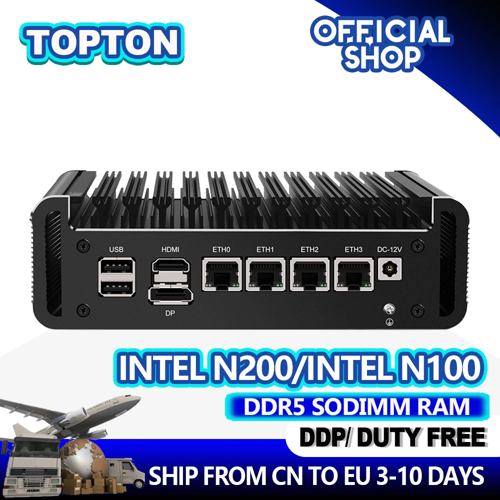 Topton Newest 4*2.5GbE Intel I226-V Ethernet Firewall Appliance Intel Core i3 N355 N150 AES-NI VPN Fanless PC DDR5 RAM NVME SSD