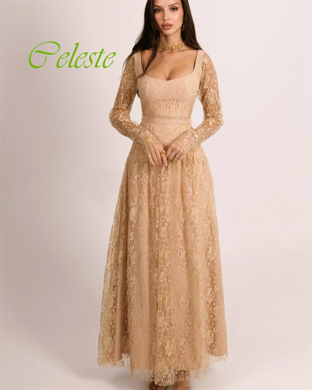 تخصيص طول الكاحل ألف خط مغرفة مساء اللباس الدانتيل أزياء الزنانير فستان العودة للوطن الكلاسيكية والحديثة فساتين المشاهير