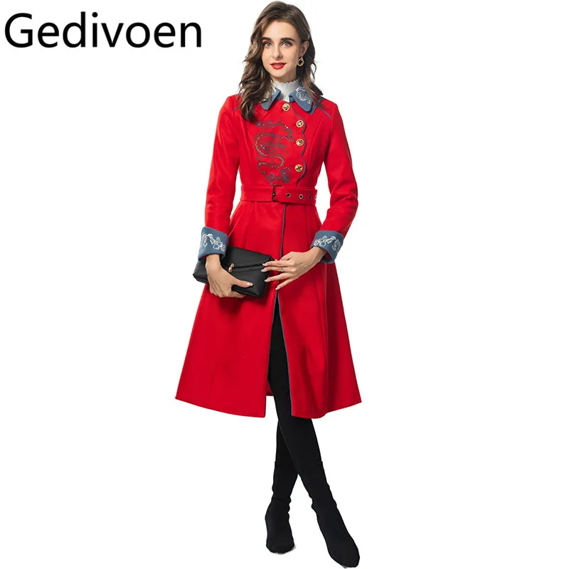 

Gedivoen Vintage Coat Women Autumn/Winter Turn-Down Collar Single-breasted Lace-Up Tunic Long-Sleeved Embroidery Long Overcoat