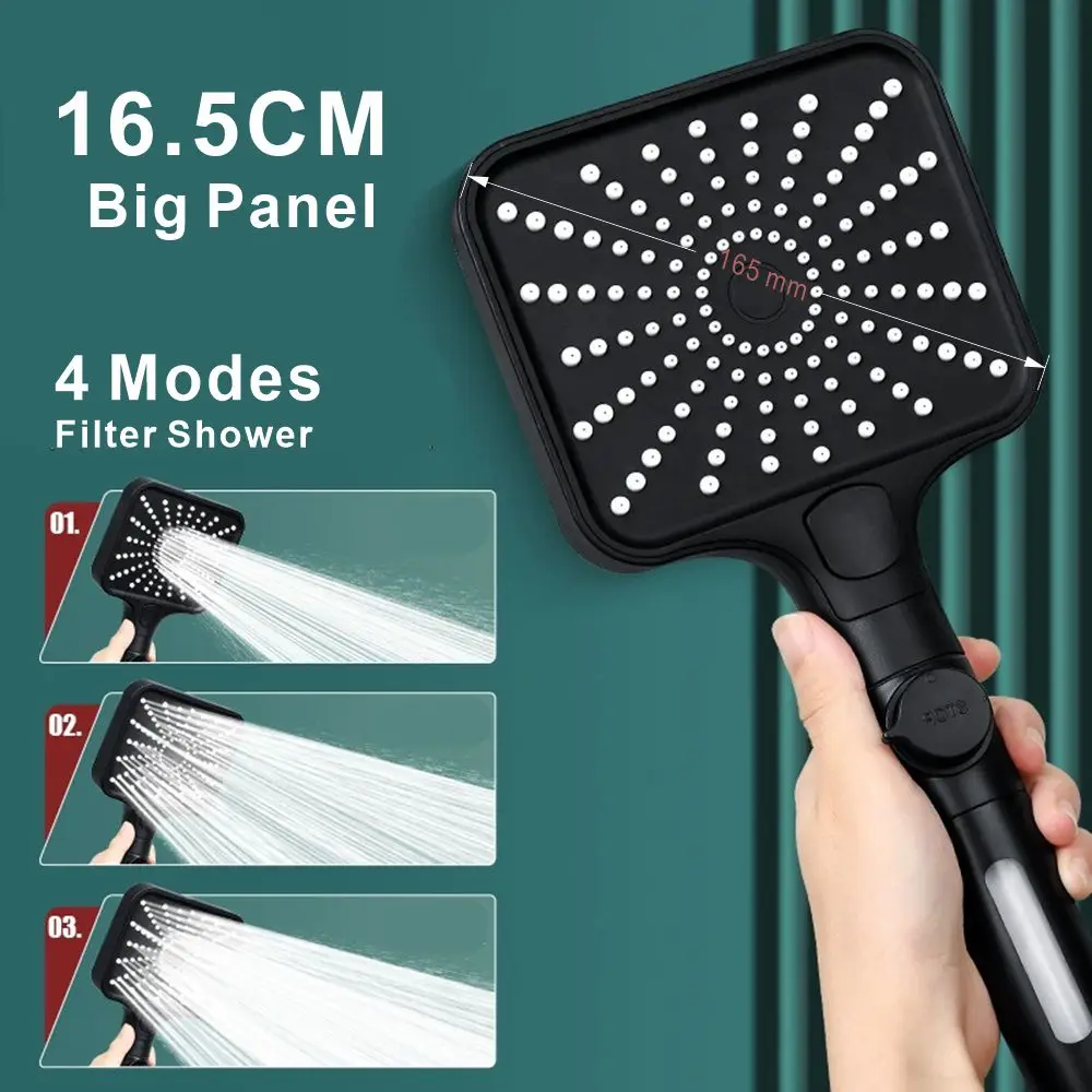 

New 16CM Big Panel 4 Modes High Pressure Shower Head One-Key Stop Water Massage Shower Head With Filter Bathroom Accessories