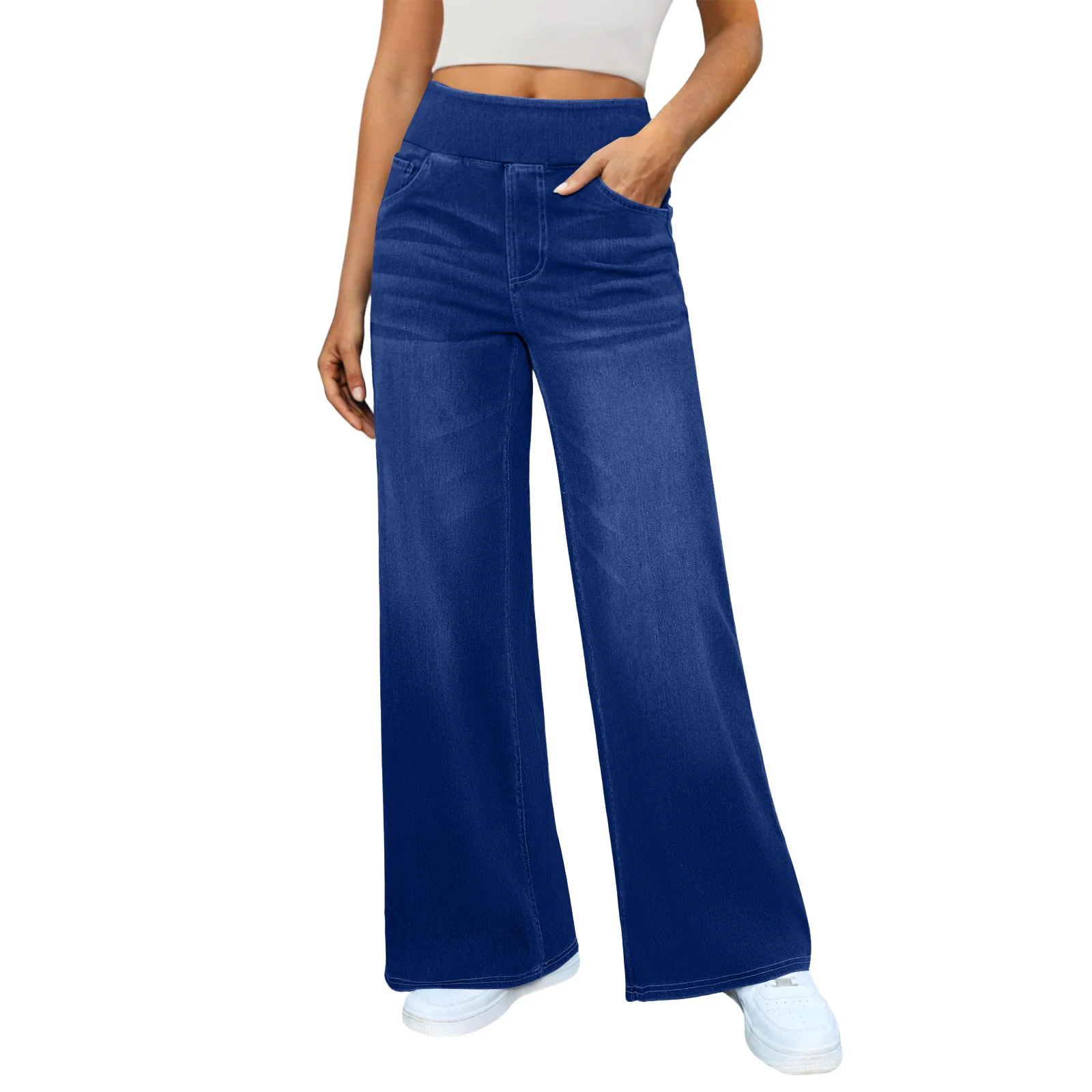 High Waisted Slimming Jeans Wide And Loose Wide Leg Jeans Spring And Autumn Women'S Jeans Pocket Elastic Waist Jeans