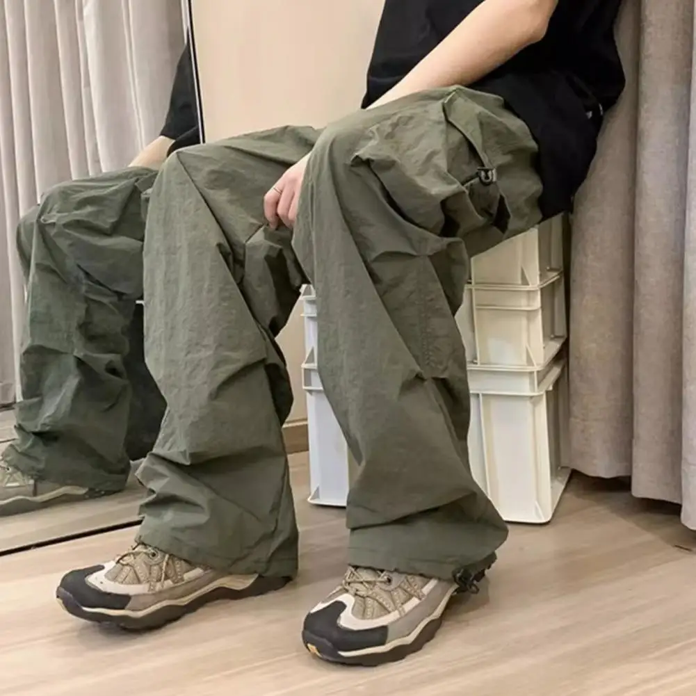 Solid Color Pants Stylish Men's Cargo Pants with Multiple Pockets Loose Fit Elastic Waist Trendy Streetwear for Hip Hop