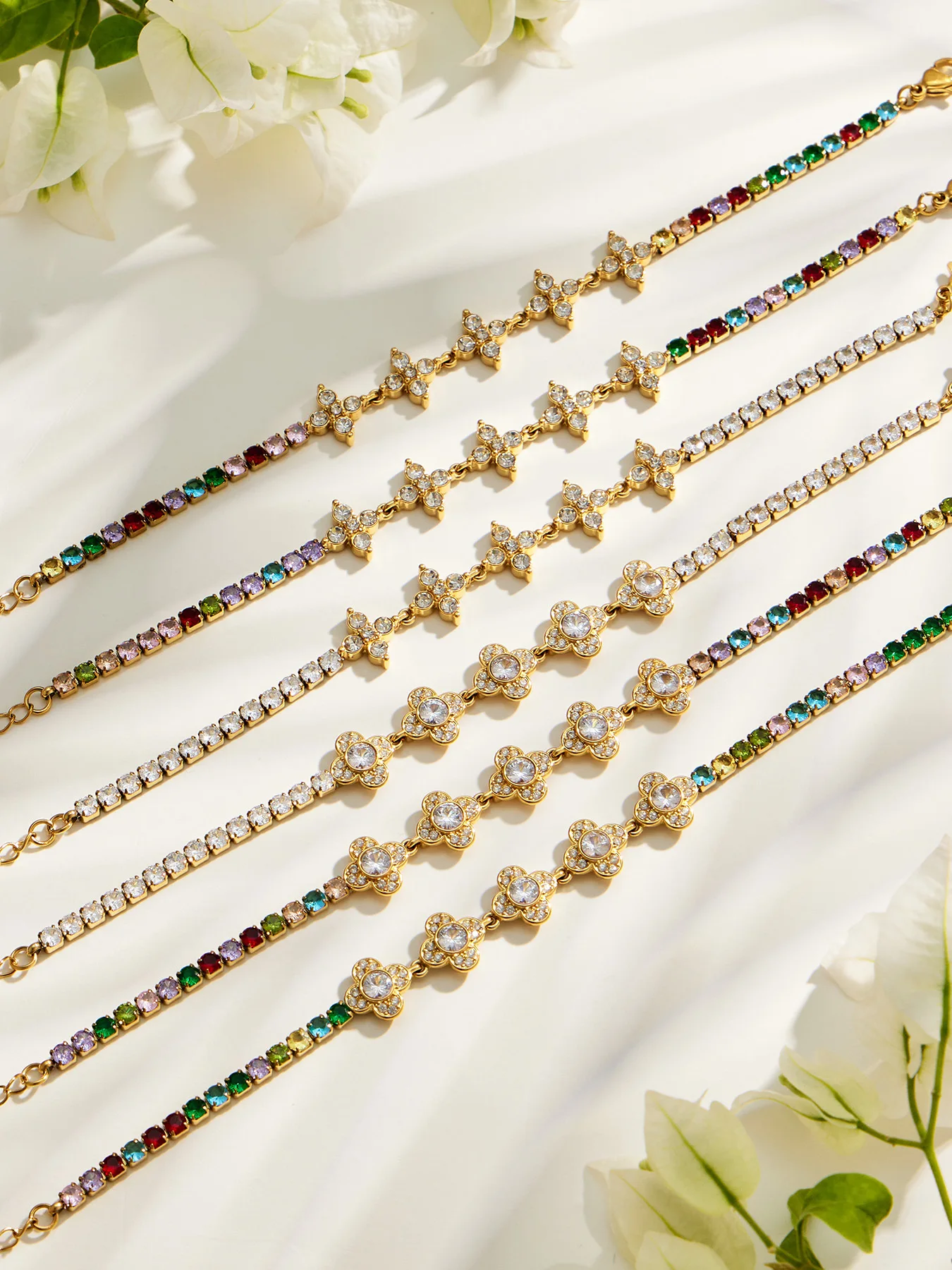 Farbiges Zirkon-Armband Tennis-Armband Edelstahl-Kettenarmbänder 18k Vergoldet Mit CZ-Blumen-Charm-Armbändern für Damen – Detail 11