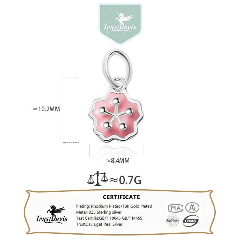 TrustDavis  Real 925 Sterling Silver Fashion Sweet Glaze Pink Blue Flower Charm Pendant Handmade DIY Accessories Jewelry DZ93