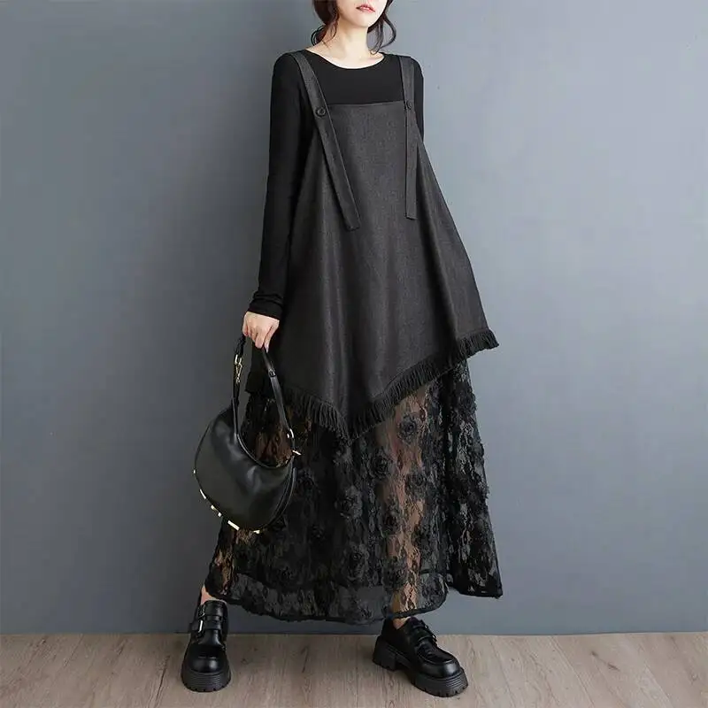 # 6667 Schwarzes Spitzenkleid mit Spaghettiträgern für Damen, Lässiges Streetwear A-Linien-Kleid, Asymmetrisches Zweiteiler-Design