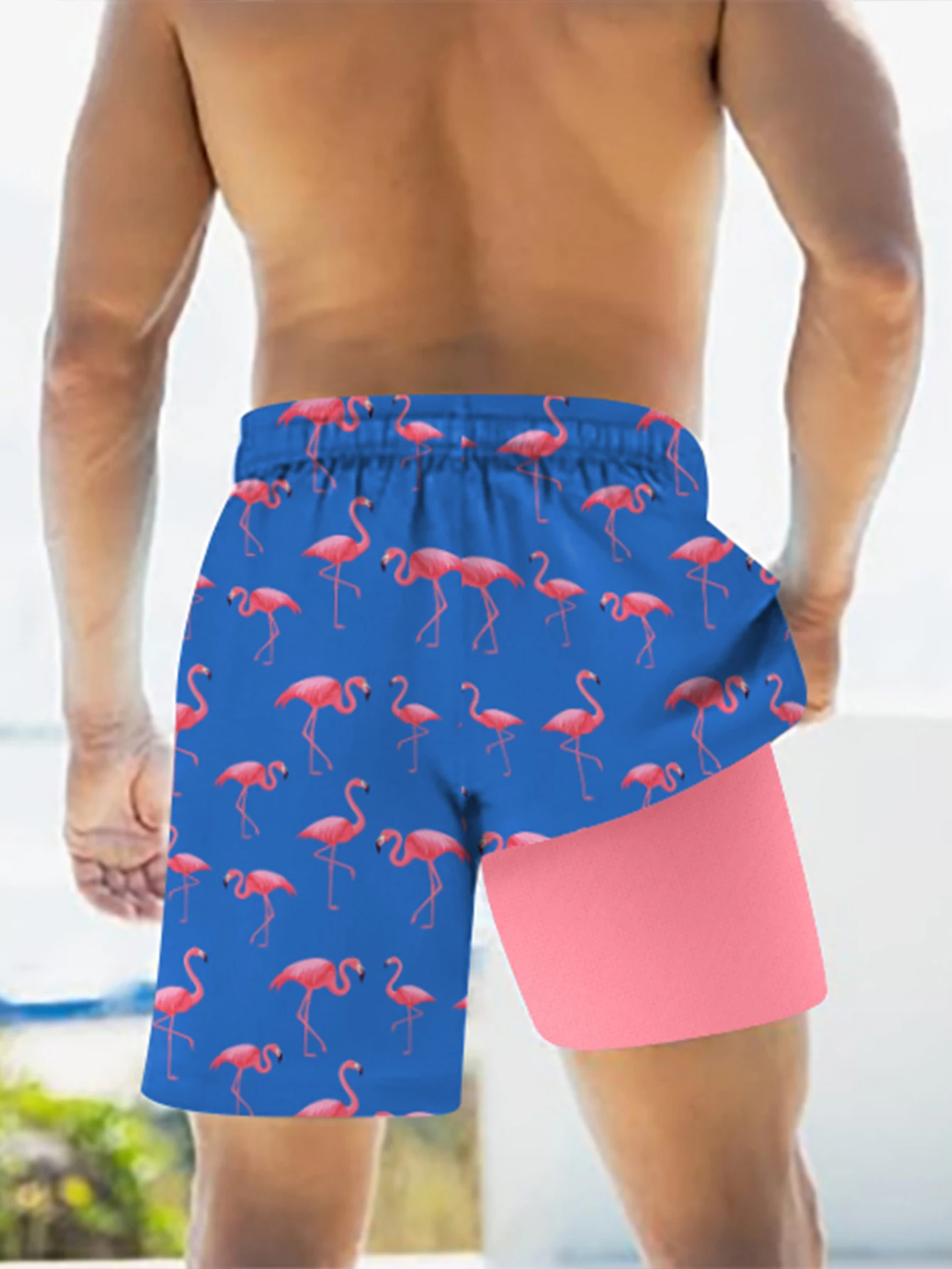 Men\'s Flamingos Digital Print Shorts, Casual, Double Layer Drawstring, Phone Pocket Design, Summer Beach Shorts