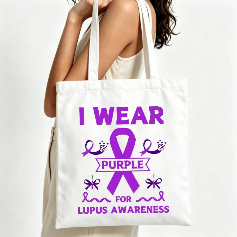 Women's purple ribbon awareness print canvas tote bag, casual style for daily shopping and awareness events