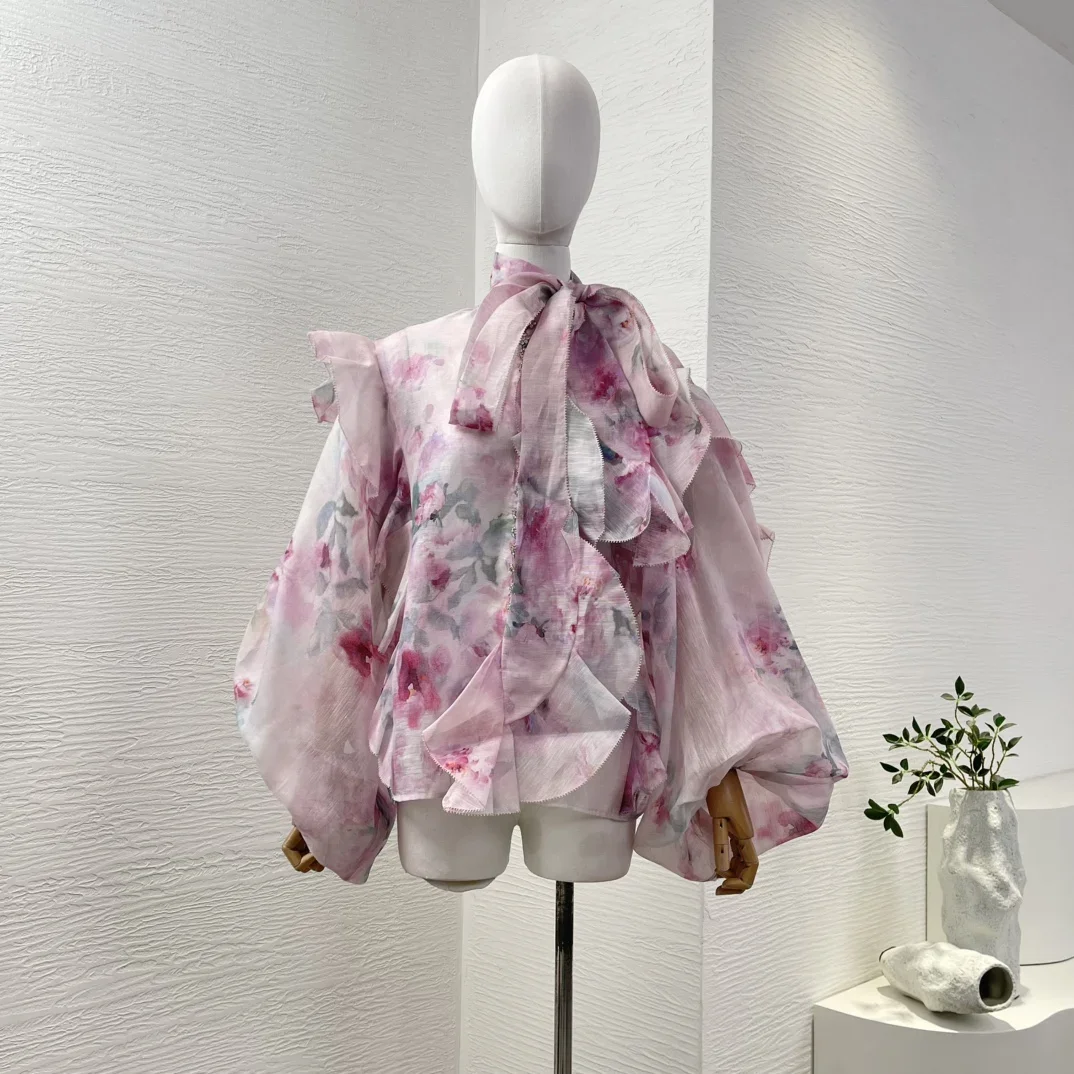 

New Arrivals Women High Quality Floral Print Ruffles Bow Diamonds Lantern Sleeve Blouse and Mini Skirt Set Oufit for Holiday