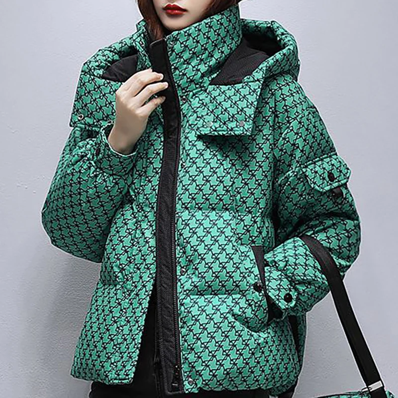 Hooded Print Women Short Bread Coat Winter Korean High Street Vintage Thicken Cotton Jacket Female Fashion Loose Warm Parkas