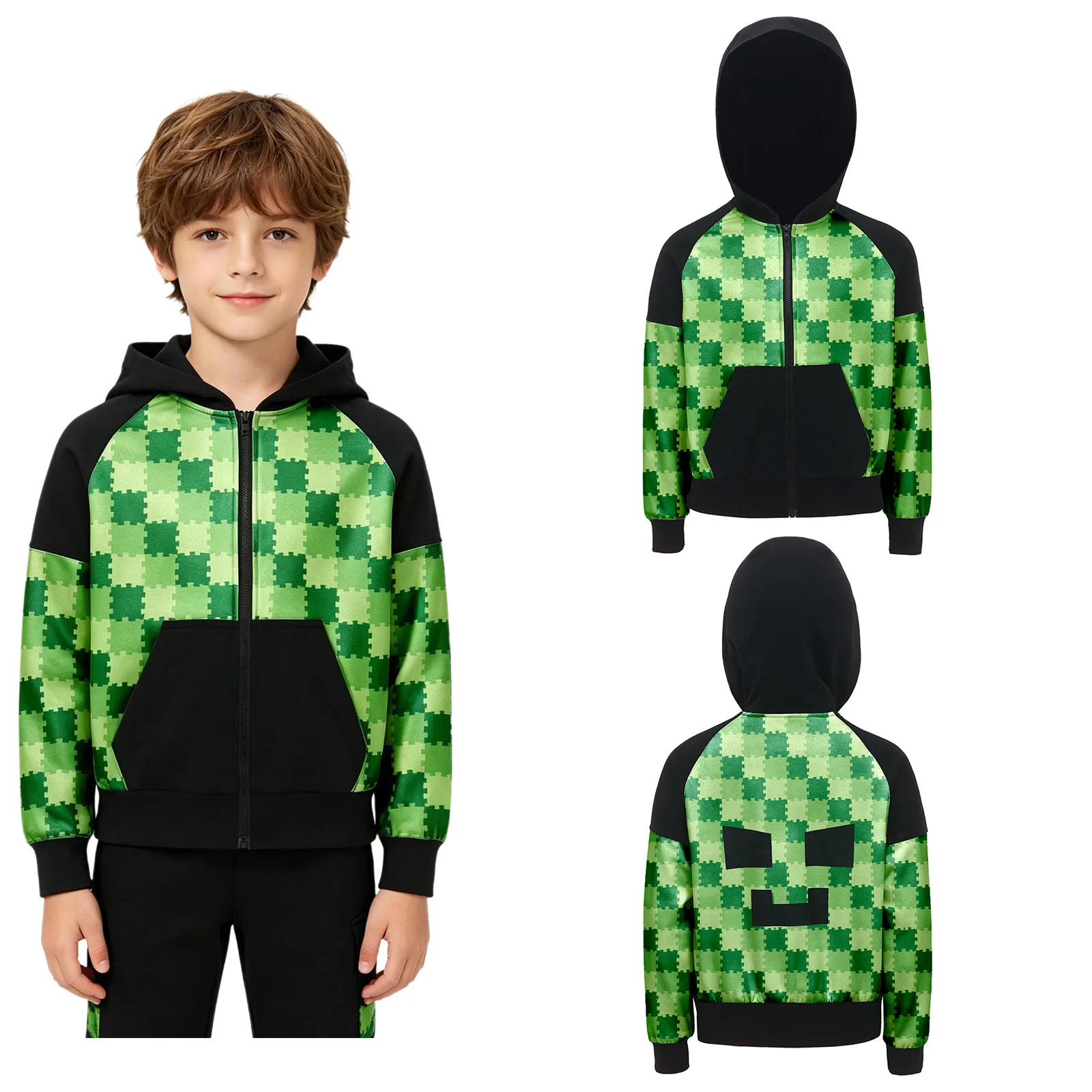 

Kids Boys Halloween Plaid Hoodie Long Sleeve Zipper Front Hooded Jacket with Pockets Breathable for Cosplay Party Gaming