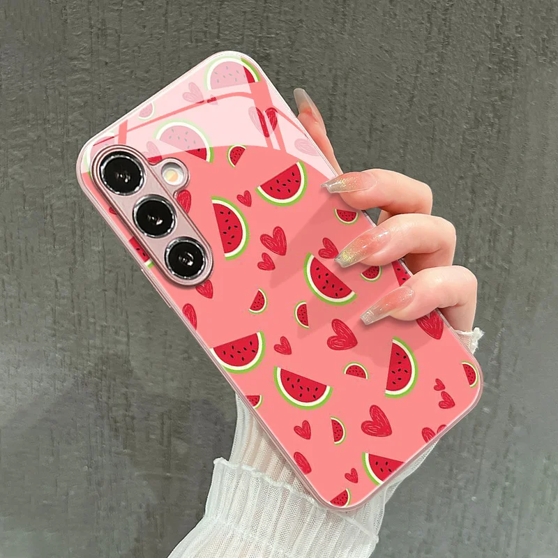 Stylish Girls Summer Fruit Pattern Glass Phone Case for Samsung Galaxy S26 S25 S24 S23 S22 S21 FE Ultra Plus Anti‑Fingerprint