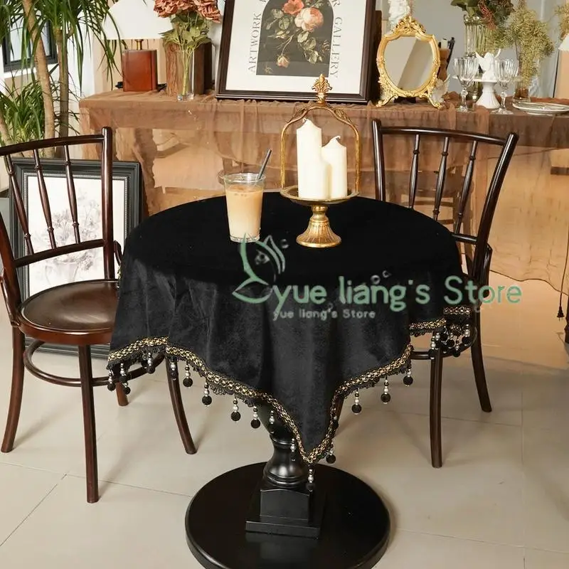 Vintage Black Tassel Dining Table Fabric Small Round Table Rectangular Coffee Table Cloth Cover European Light Luxury Tablecloth