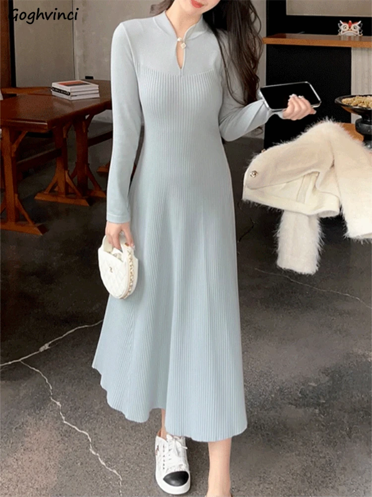 

Knitted Midi Dress Women Hollow Out New 2024 Skin-friendly Elegant Streetwear Long Sleeve Casual Simple Платье Autumn Temper